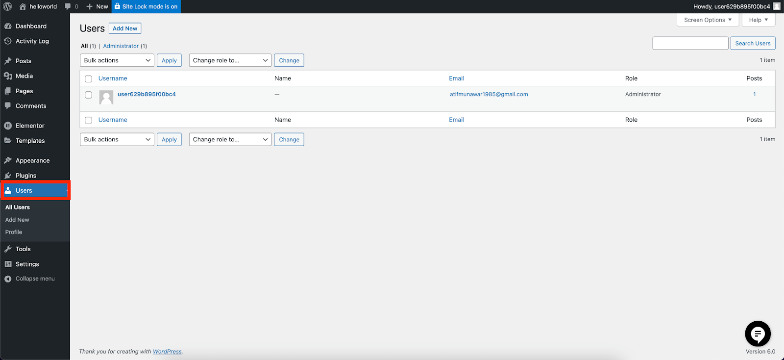 Screenshot of WordPress Users tab. This section lets you create, delete and edit profiles of users.