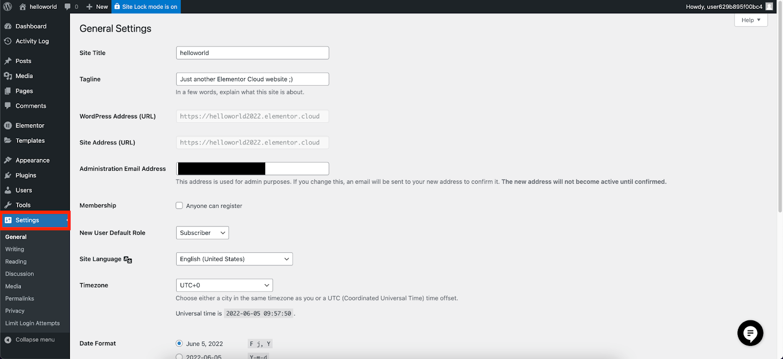 Screenshot of WordPress Settings tab. This meu lets you configure the settings of your WordPress website.