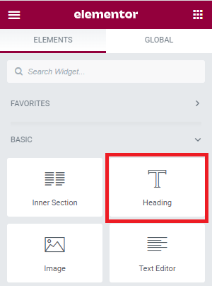 Selecting the heading widget.