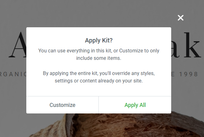 Prompt asking if you want to customize the import or apply all of the kit features.