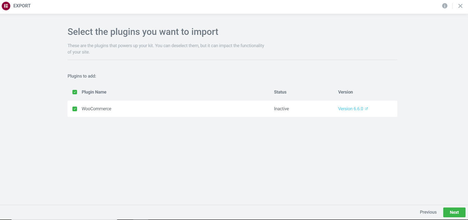 Screenshot of the plugin options available during the customized website kit import process.
