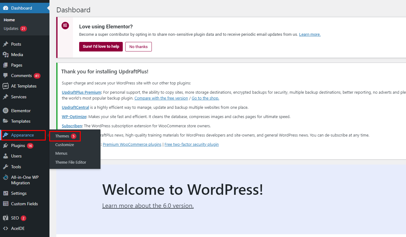 Tangkapan layar dasbor WordPress yang menampilkan tombol "Tampilan" dan "Tema".
