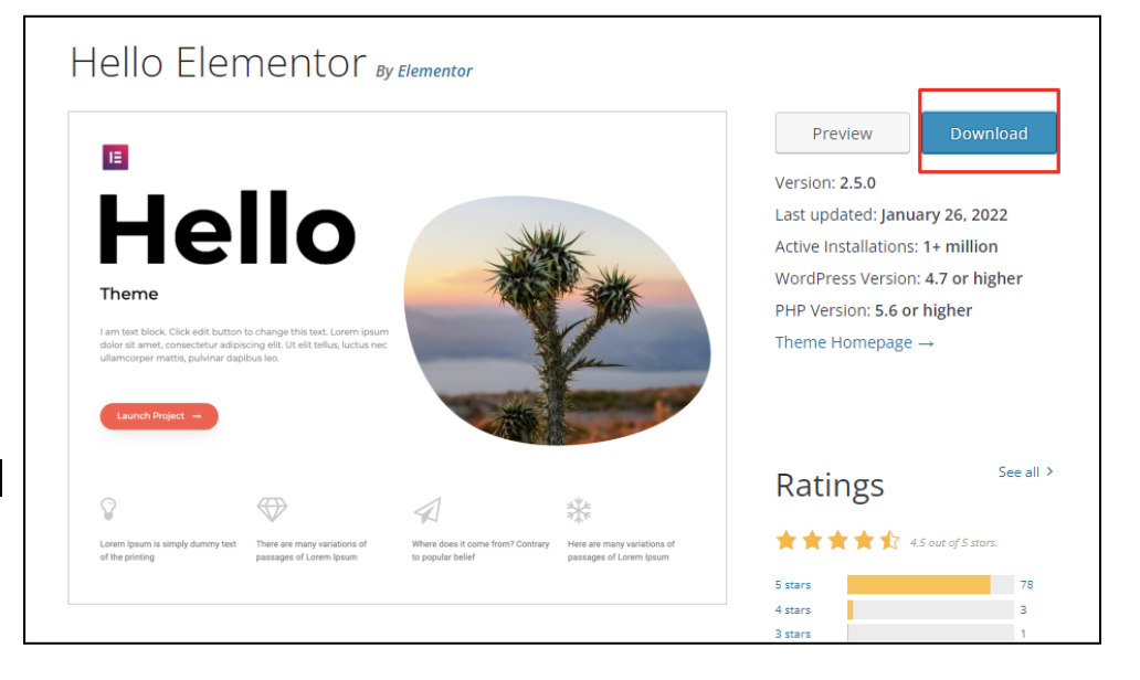 屏幕截图显示了开始将 Elementor Hello 主题下载到 WordPress 网站的“下载”按钮。