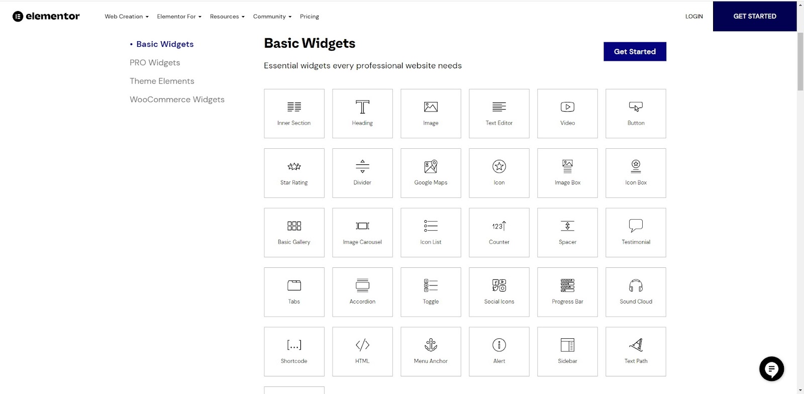 Screenshot showing some of the basic widgets available through your Elementor plugin.