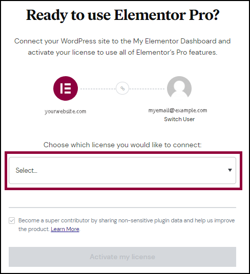 7 Select a subscription Connect and activate your Elementor Pro license 9