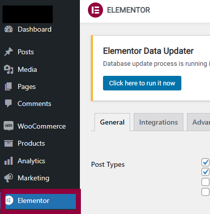 The Elementor tab on the WordPress dashboard