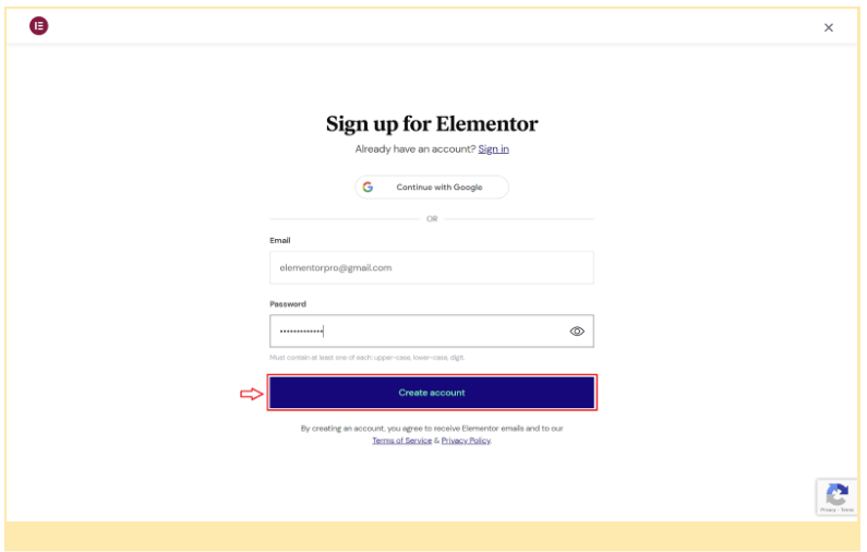 Screenshot of Elementor's sign up page.