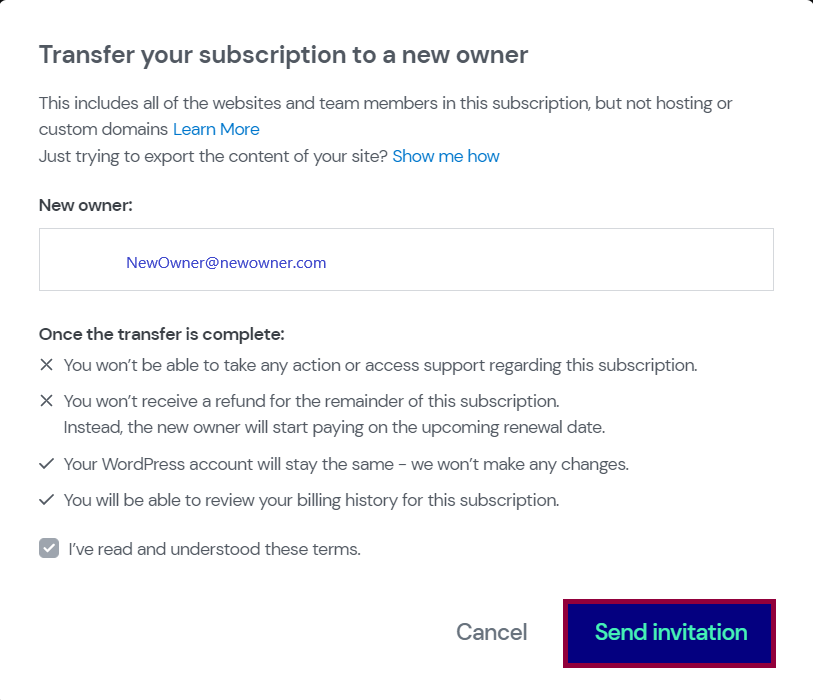 Modal to transfer the subscription.