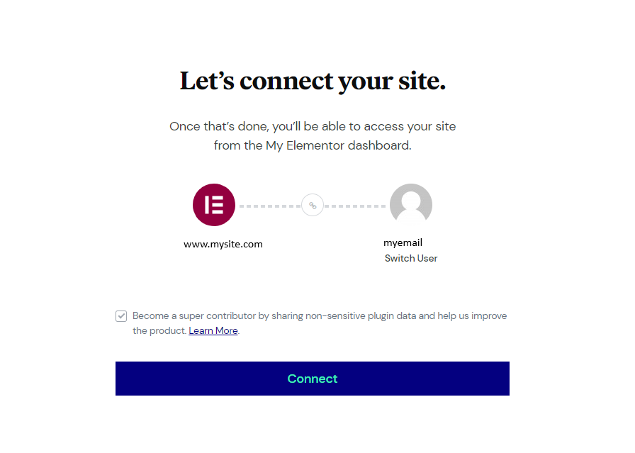 The connect your site screen