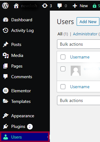 The WordPress dashboard with the Users tab selected