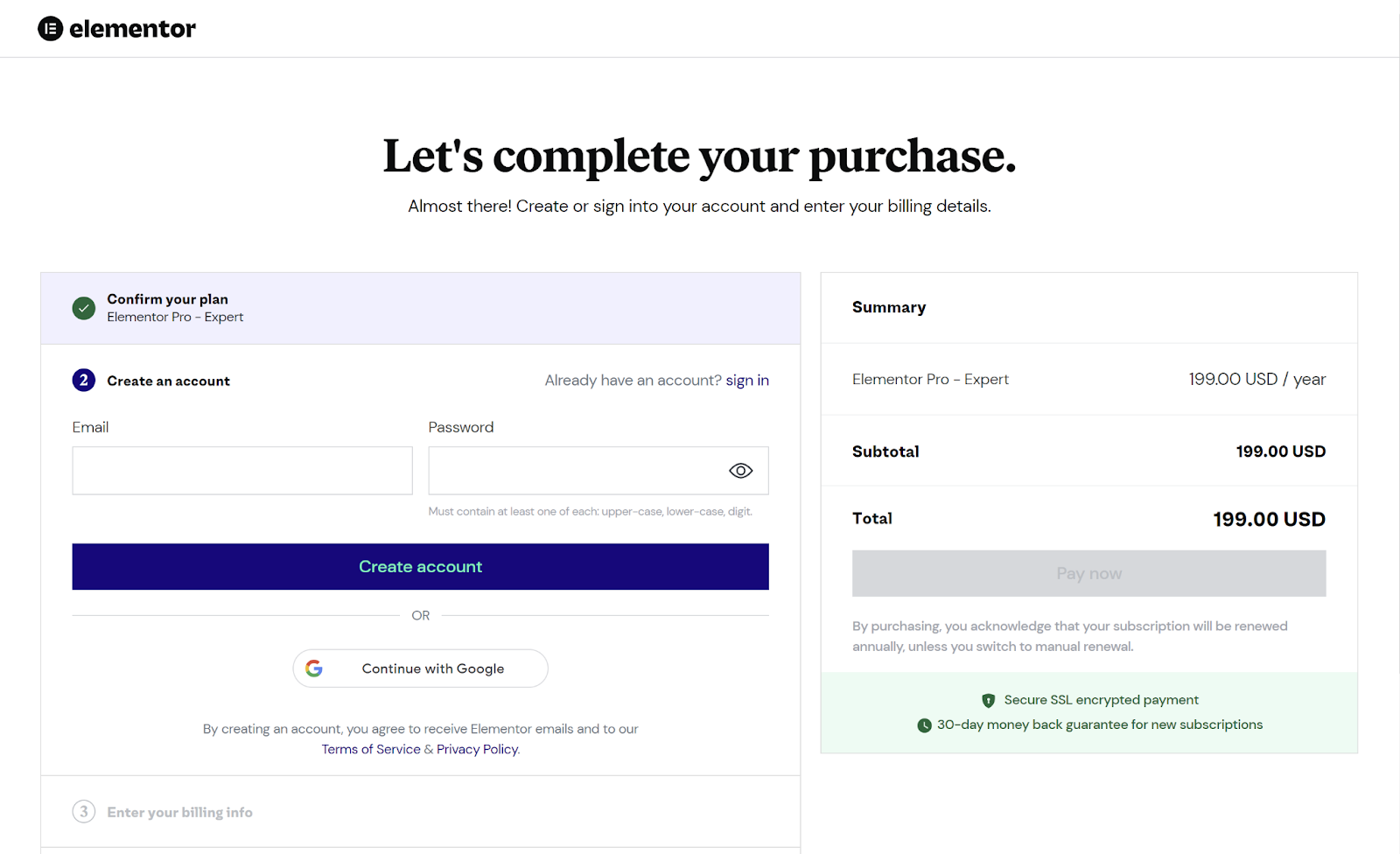 Screenshot of Elementor's Purchasse page.