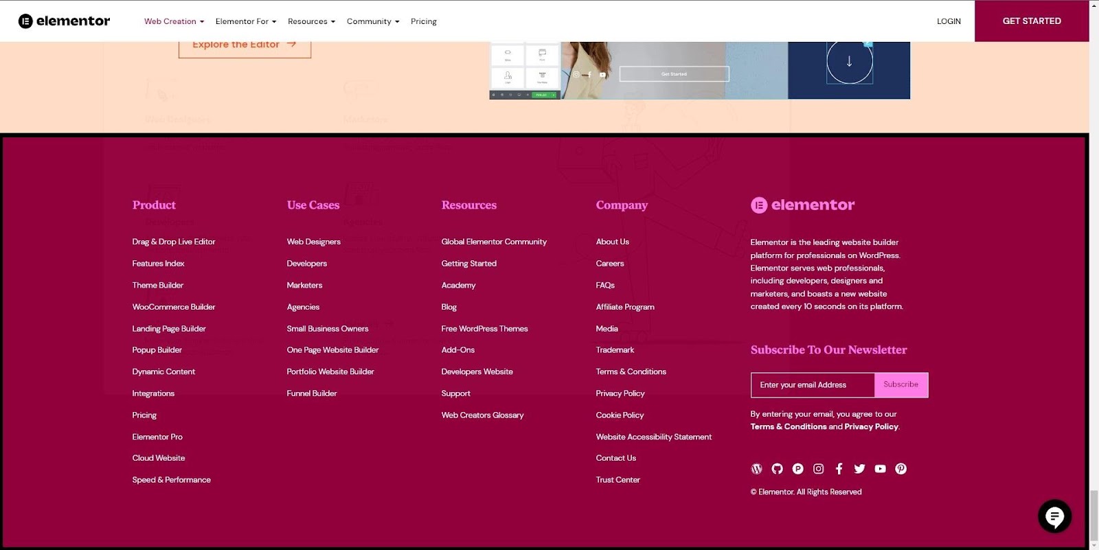 Screenshot of Elementor's footer section.