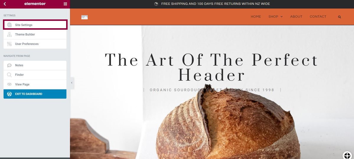 Screenshot of Elementor's Site Settings button in the Settings Menu.