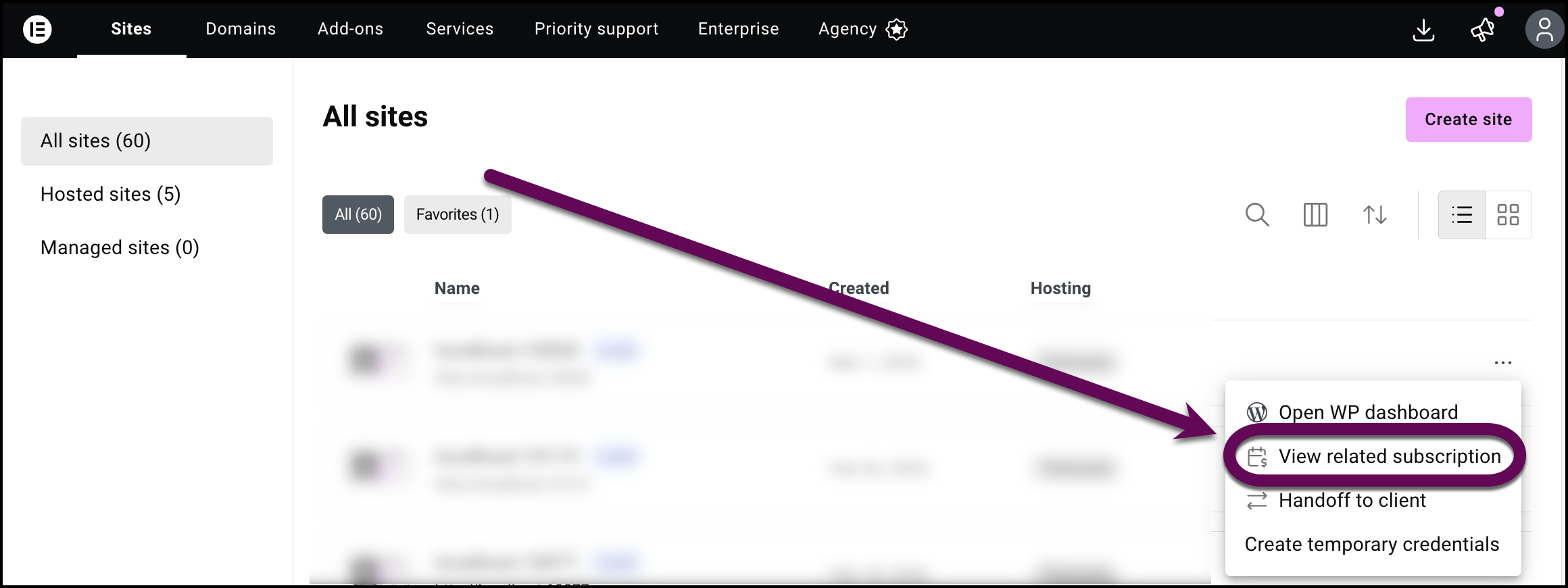 View related subscription in the dropdown menu