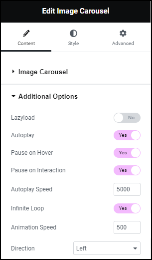 Content tab Additional Options Image Carousel widget 37