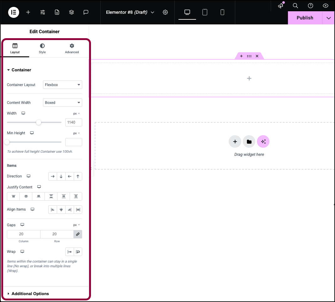 Options appear in the panel Make a Flexbox container clickable 1