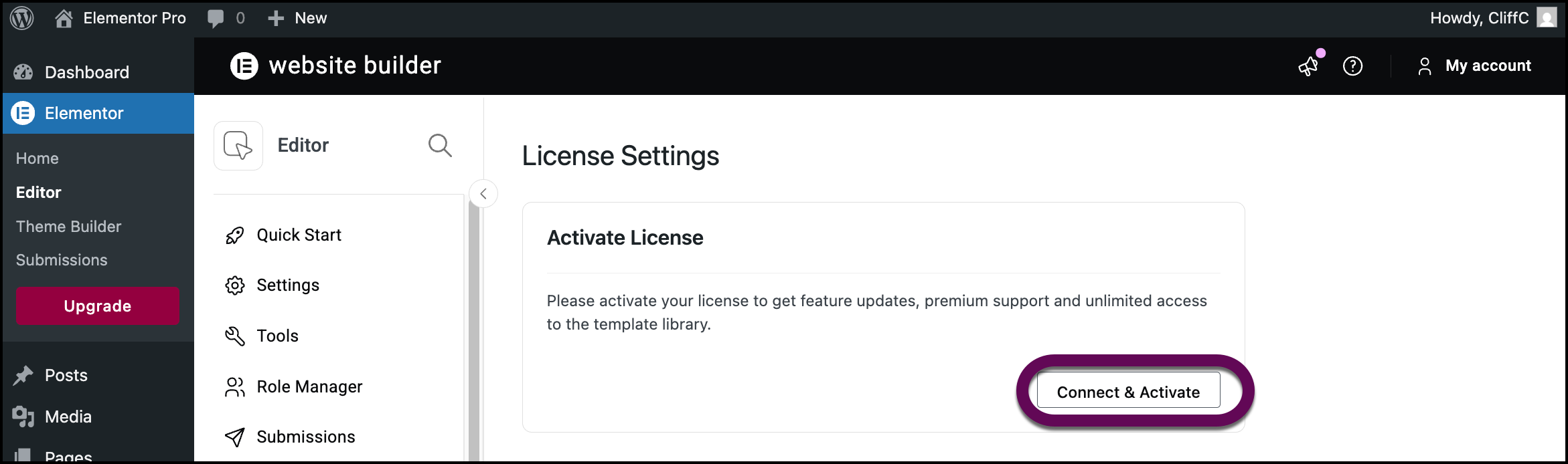 The Connect & Activate button reconnects the site
