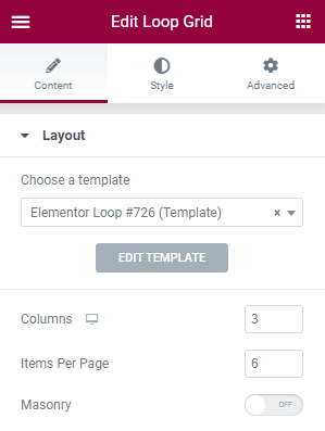 The layout menu of the loop grid