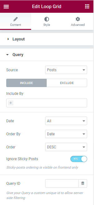 The Query menu of the Loop Grid