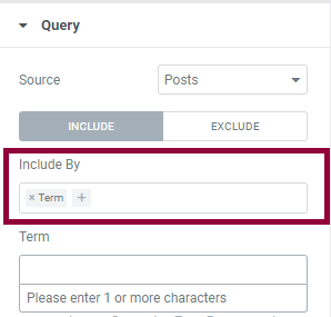 The query menu with the Include by text box outlined 
