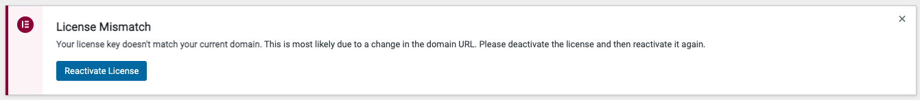 An error message for an Elementor Pro license mismatch
