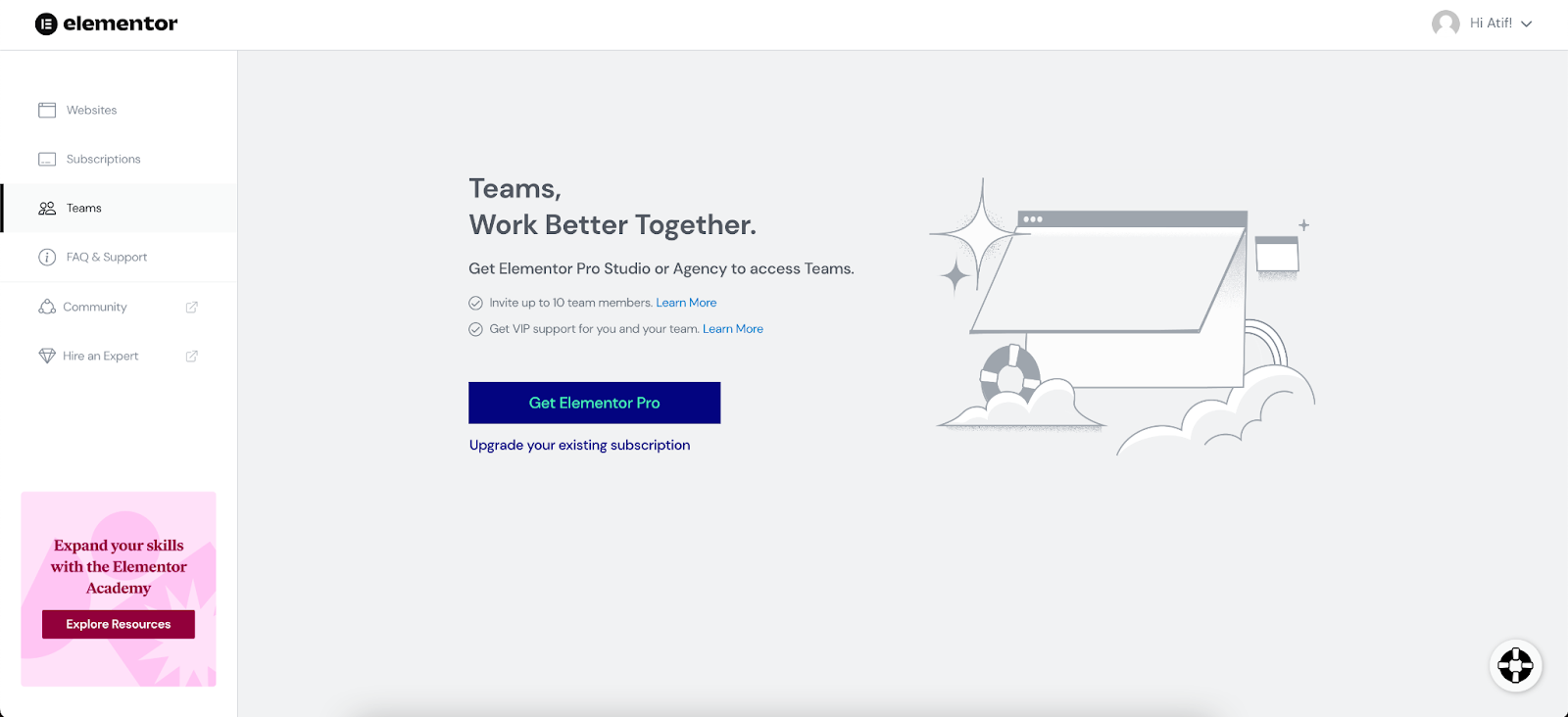 Screenshot of Elementor Teams tab.