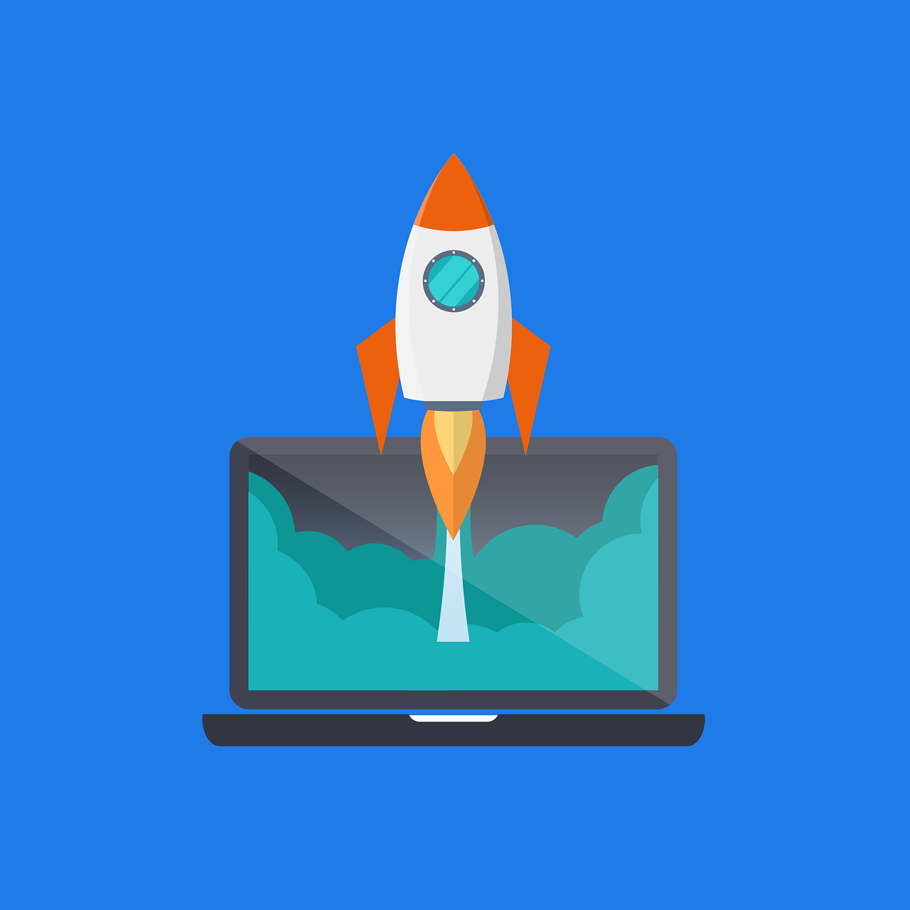 Illustration of laptop with rocket flying out of the screen.