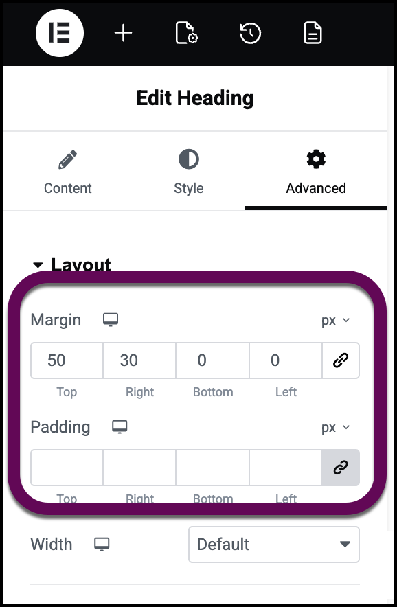 Elementor Advanced Tab Interface - Close-up of the Advanced tab showing the Margin and Padding input fields with the link icon unlinked and values set to zero