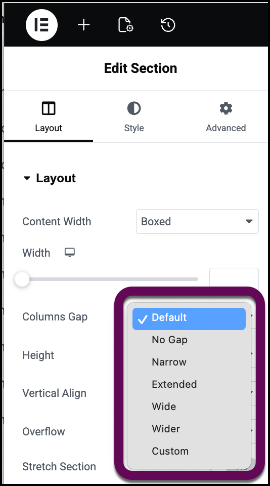 Elementor Section Layout Settings - The Layout tab of a section showing the Columns Gap dropdown menu