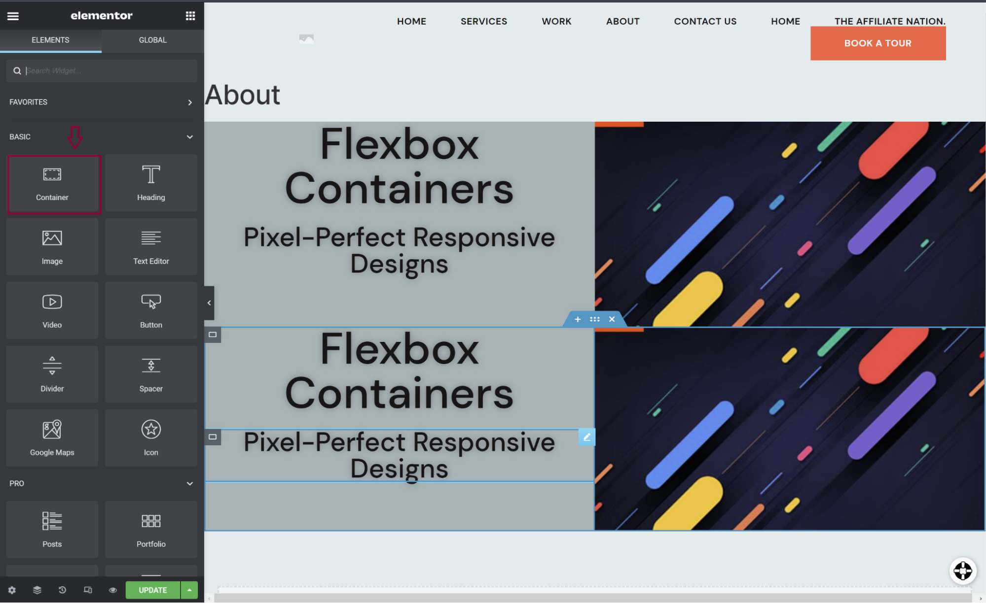Screenshot of Elementor Flexblox Container being implemented on web page feature.
