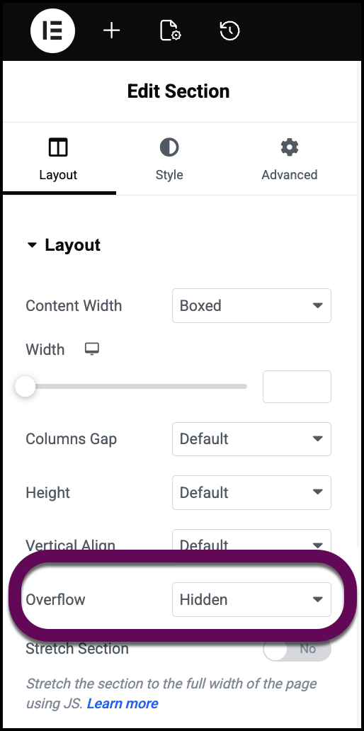 Elementor Overflow Hidden Setting - The Layout tab of a section showing the Overflow dropdown menu set to the "Hidden" value