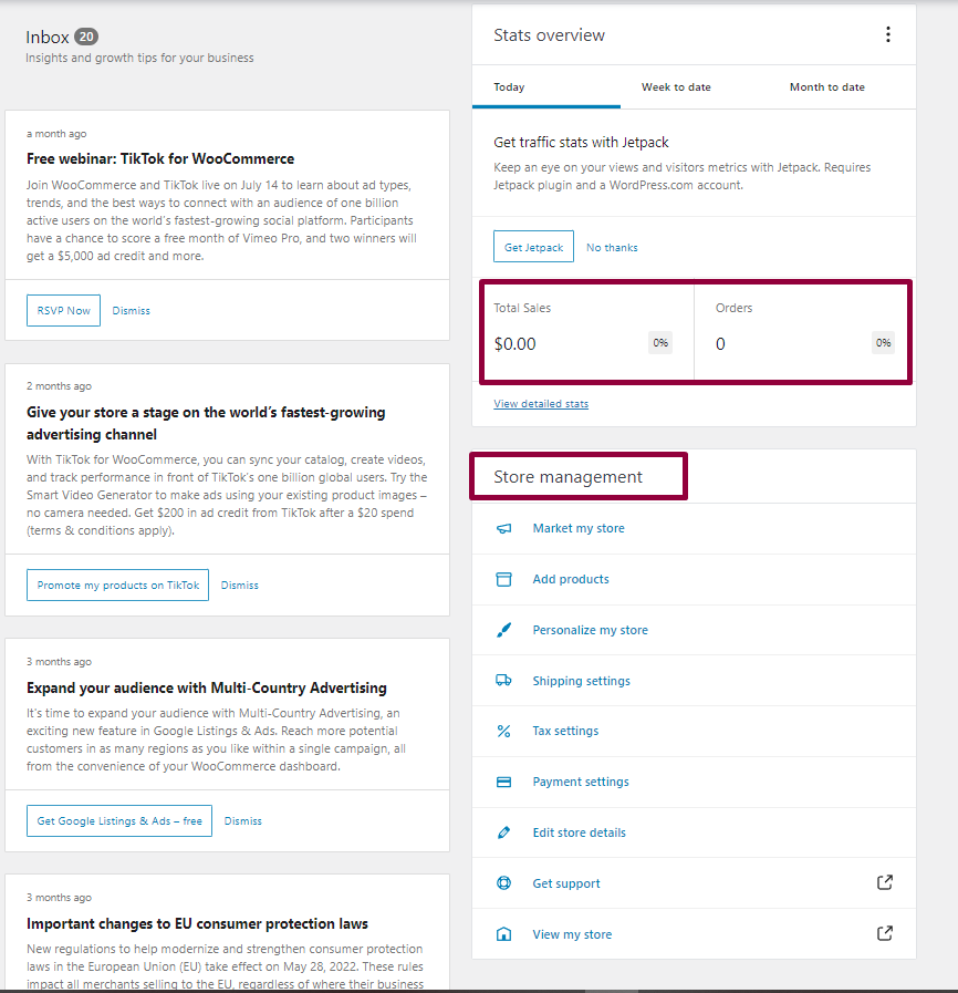 显示电子商务 WordPress 网站上 WooCommerce 主页视图的屏幕截图。