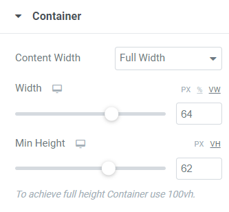 Image of container height and width settings.
