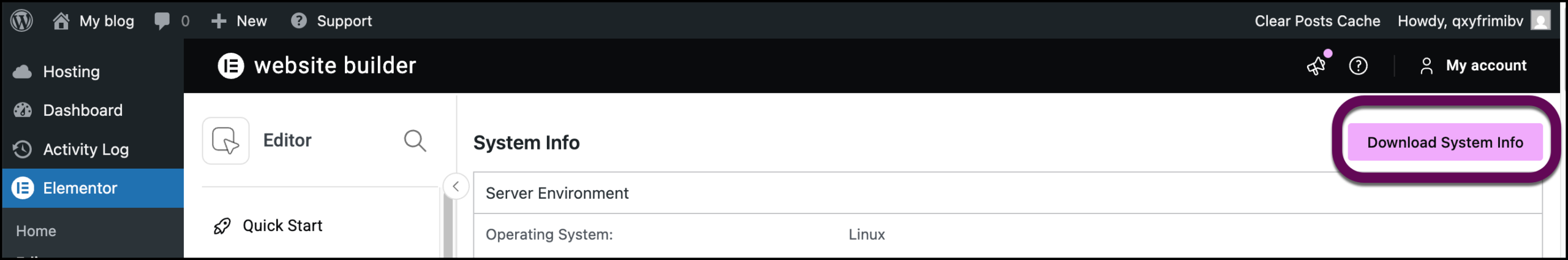 The Download System info button