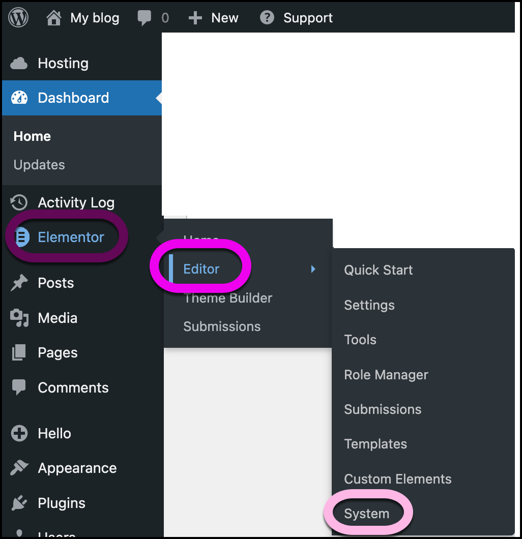 The Elementor Editor System link displays the system info