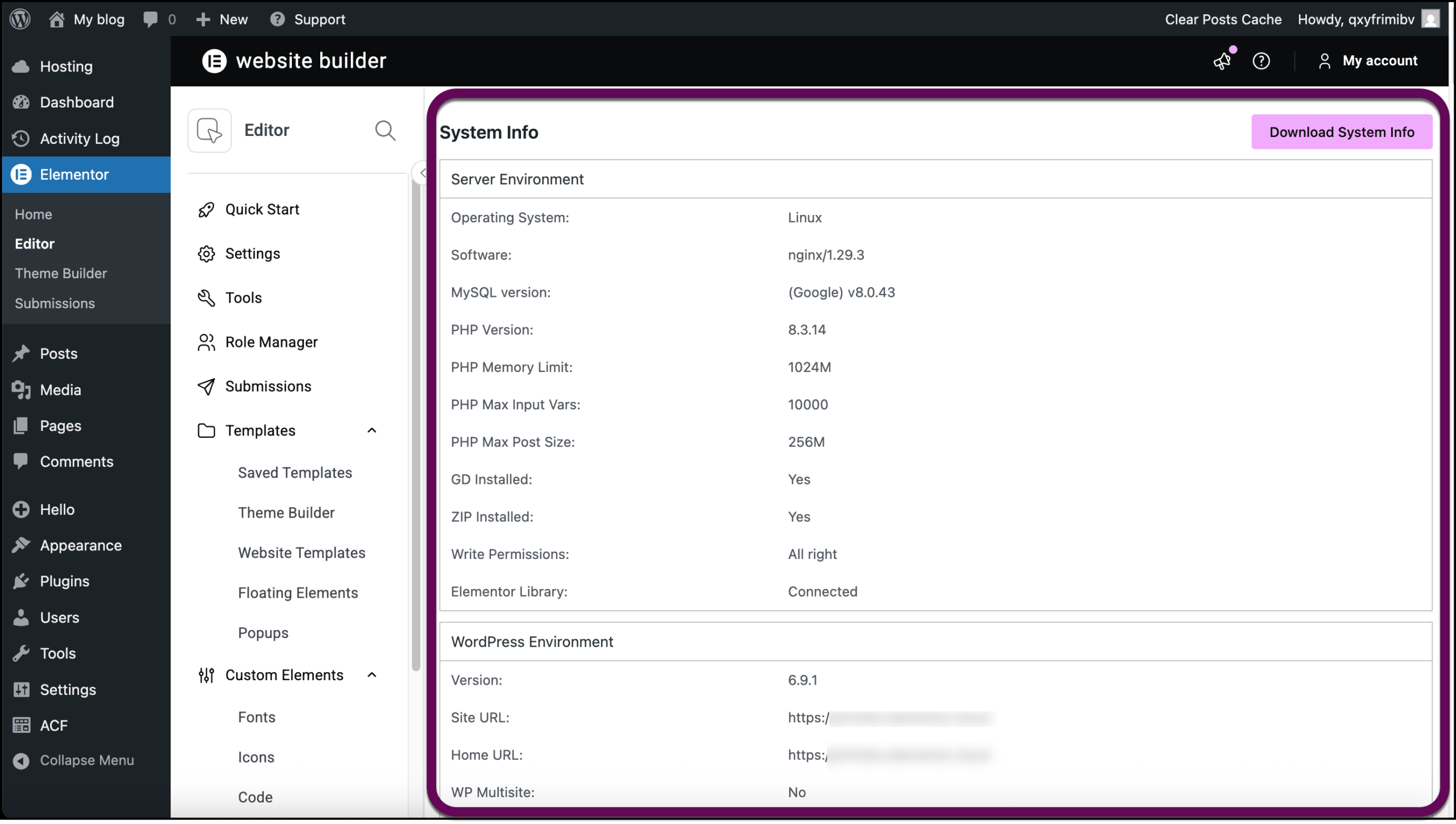 The system info displayed 