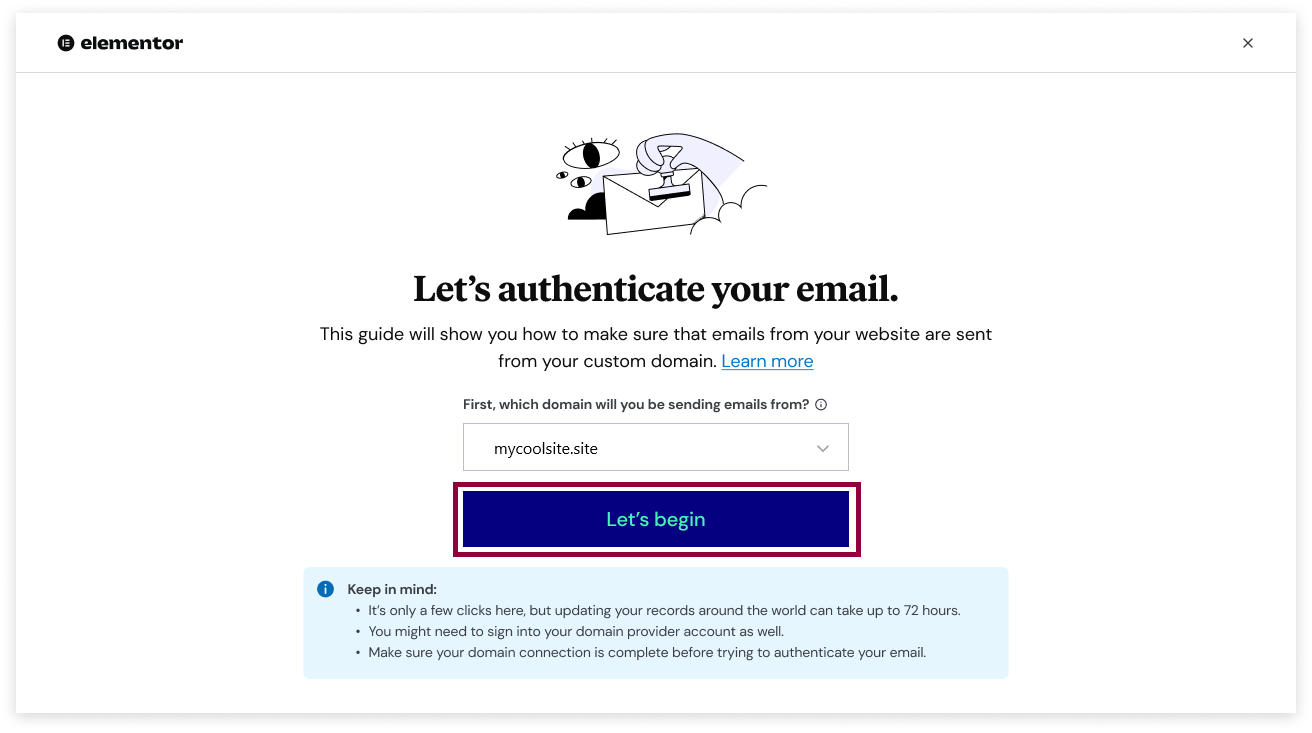 Modal beginning the email authentication process