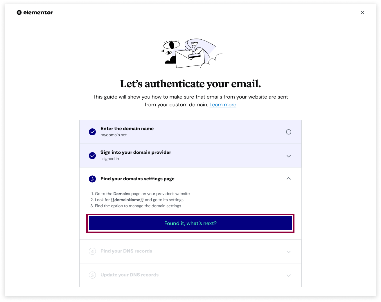 The Find your domain settings modal of the email authentication process