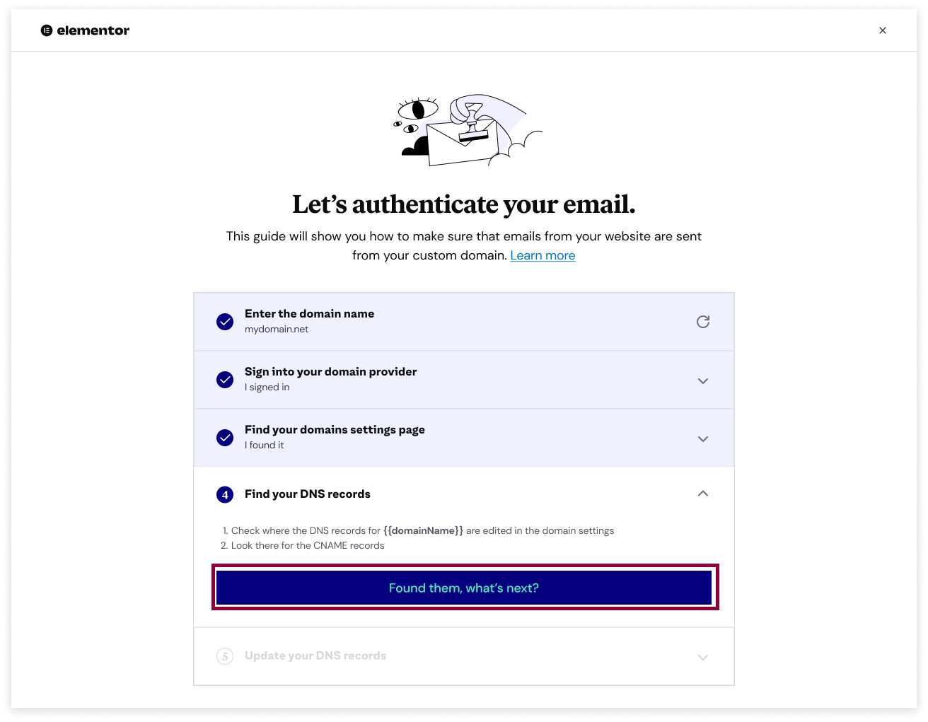 The find your DNS records modal of the email authentication process.