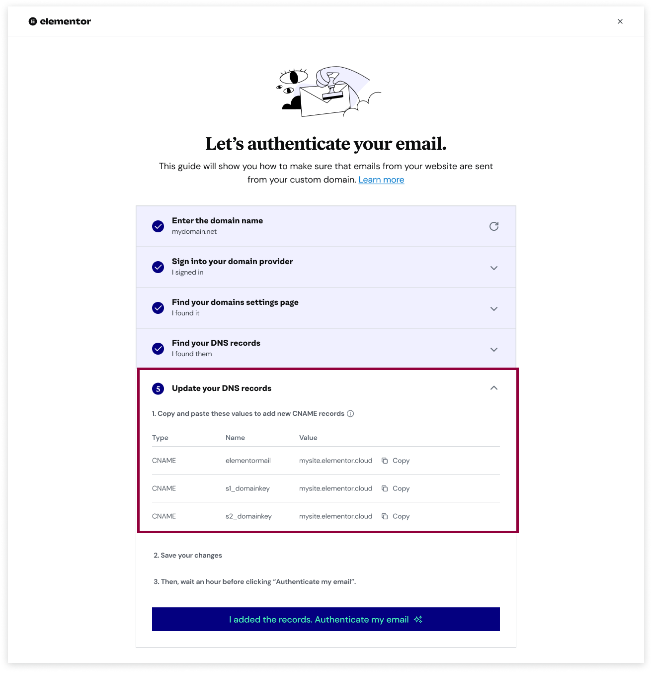 The update DNS records modal of the email authentication process.