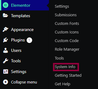 The WordPress menu with System Info highlighted