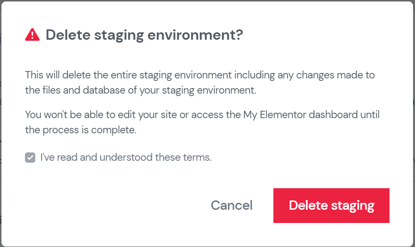 Window to confirm and delete your staging site.
