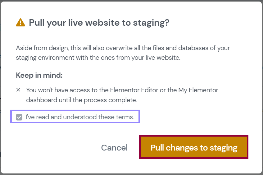 The confirm and pull to staging buttons