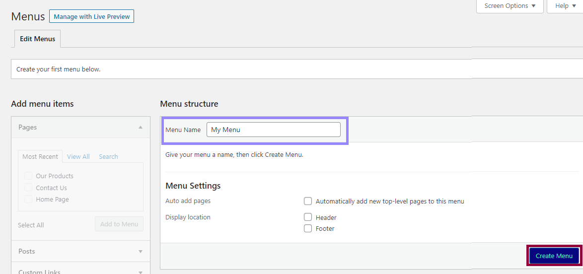 Give your menu a name and click create menu 1 Create a navigation menu 2