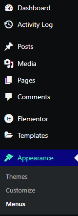 The WordPress dashboard with Menus outlined.