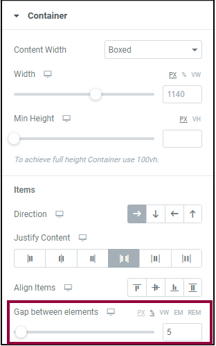 The Layout tab of a container