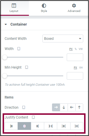 The Layout tab of a container.