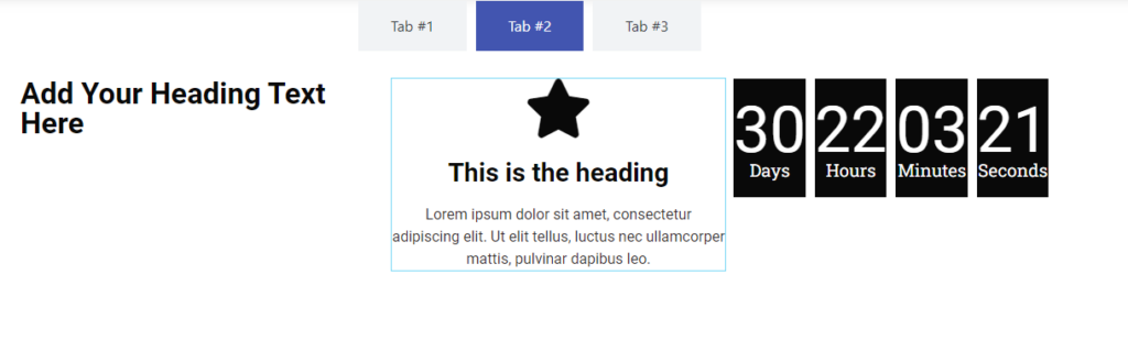 A tab with three nested elements - A Heading widget, A Countdown widget and an Image widget.
