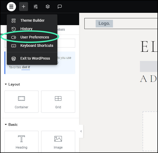1 Click user preferences Exiting the Elementor Editor 5