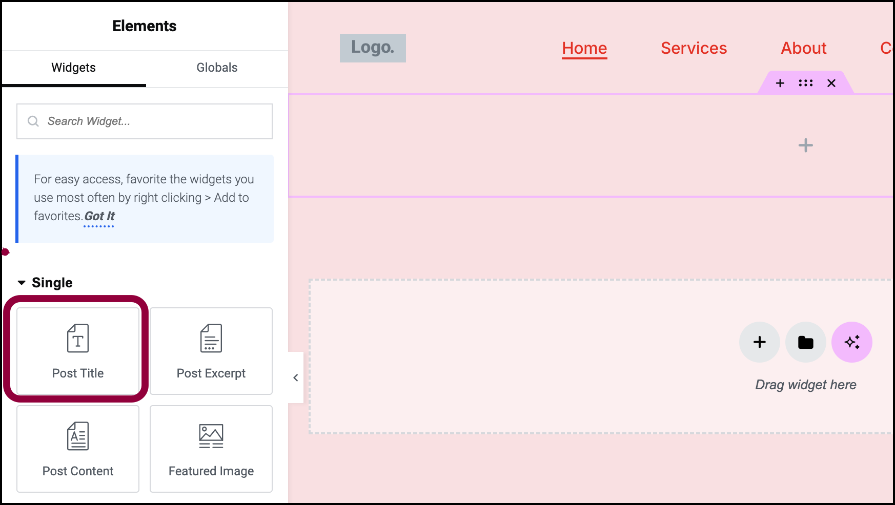 11 Post title widget Create a single page template using Flexbox containers 21